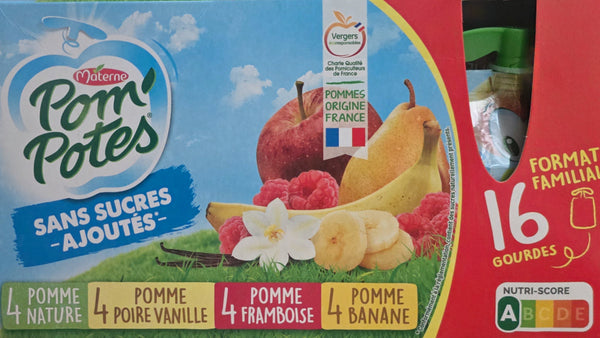 Pom'Potes - Gourde Compote 16x90g (Pomme Nature, Pomme Poire Vanille, Pomme Framboise, Pomme Banane)